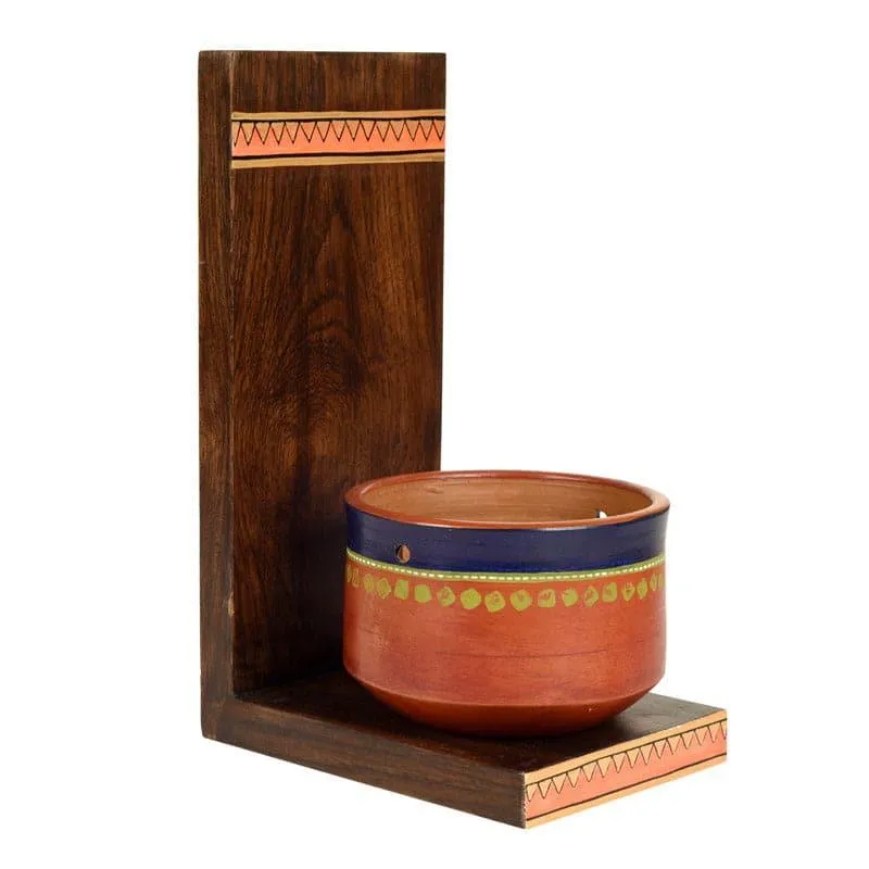 Asoori Wooden Wall Shelf With Earthen Planter - Set Of Two media 4