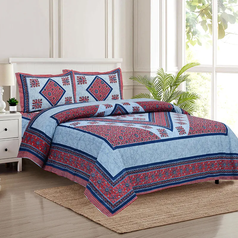 Akanksha Ethnic Cotton Bedsheet (Red,Blue) - 180 TC media 1