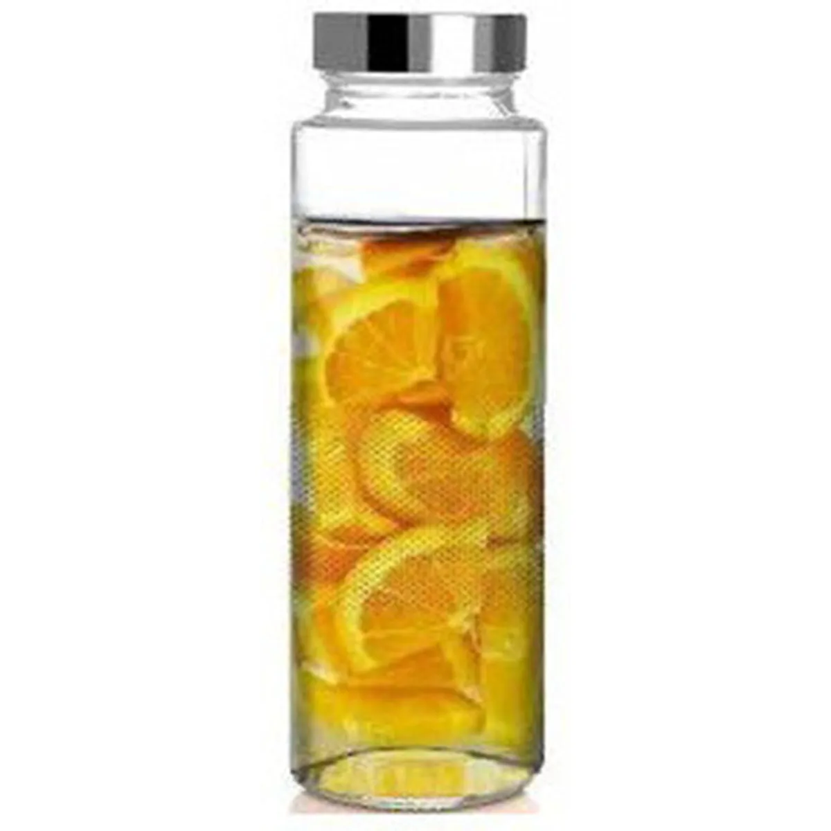 Glass bottle with a silver cap filled with orange-infused water