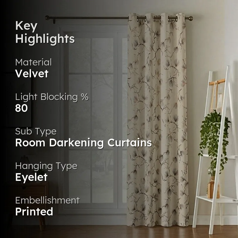 Soft Edge Flow Printed Velvet Curtain - Ivory,Gold media 2