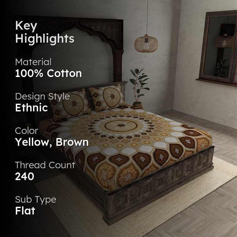 Navaj Mandala Cotton Bedsheet (Yellow,Brown) - 240 TC media 2