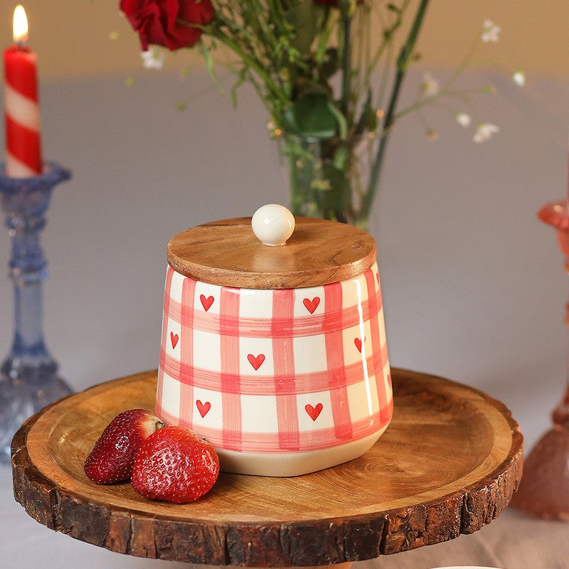 Checkered Charm Ceramic Storage Jar with Mango Wood Lid - 800 mL