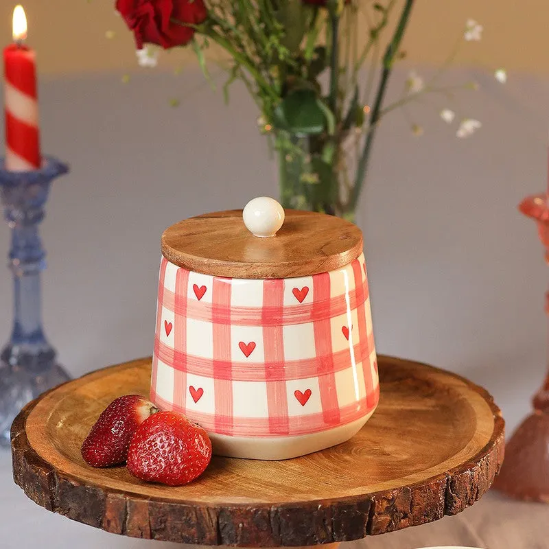 Checkered Charm Ceramic Storage Jar with Mango Wood Lid -  800 mL media 1