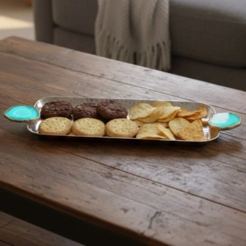Aurora Edge Hammered (Metal,Agate) Rectangle Platter - Blue & Grey media 7