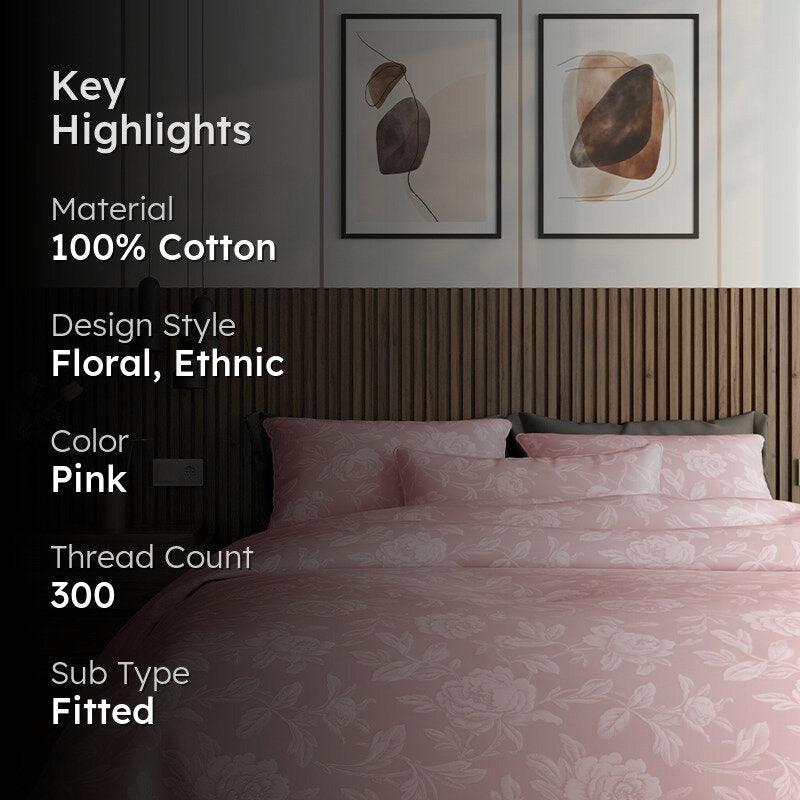 Blooming Rose Fitted Jacquard Cotton Bedsheet (Cameo Rose) - 300 TC media 2