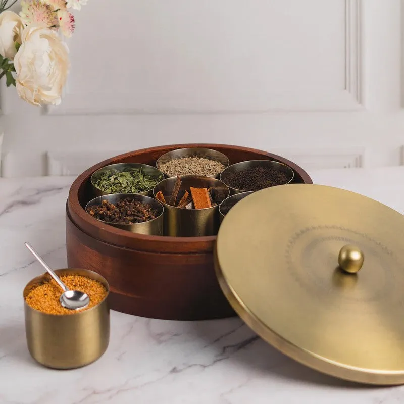 Zaestia Mango Wood Round Masala Box - Three Piece Set media 5
