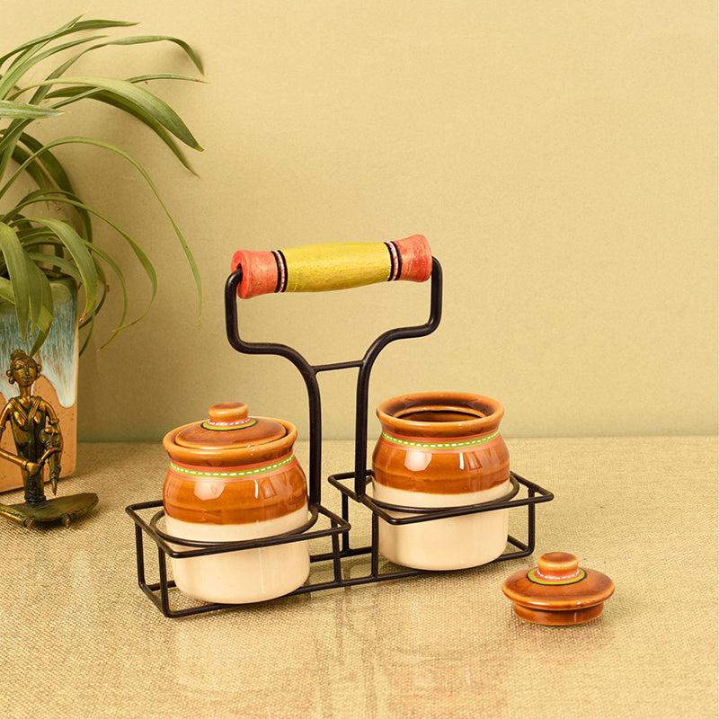 Dharani Ceramic Jar Set With Metal Tray - Three Piece Set