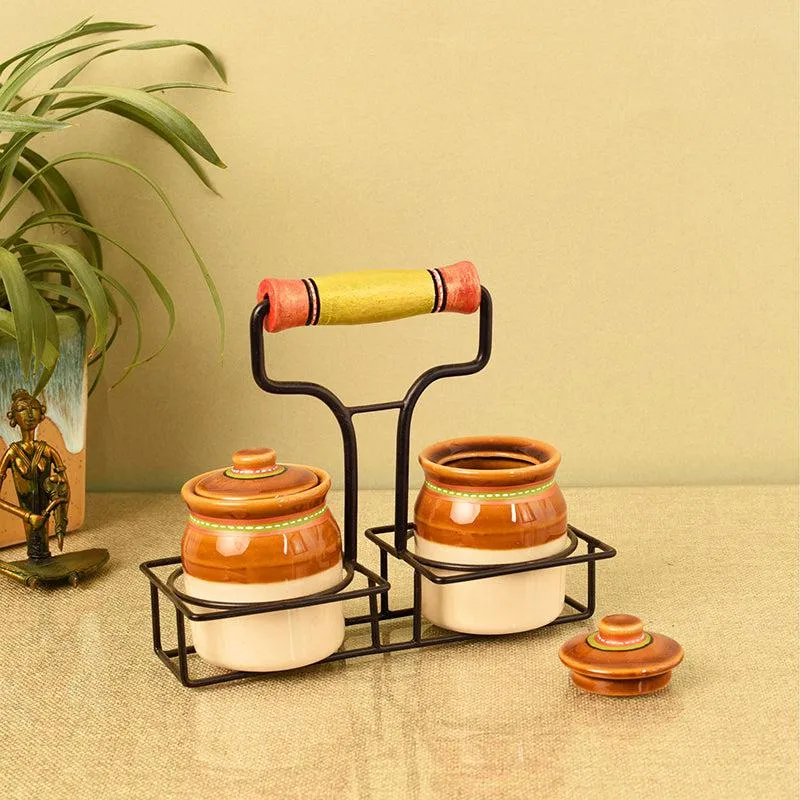 Dharani Ceramic Jar Set With Metal Tray - Three Piece Set media 1
