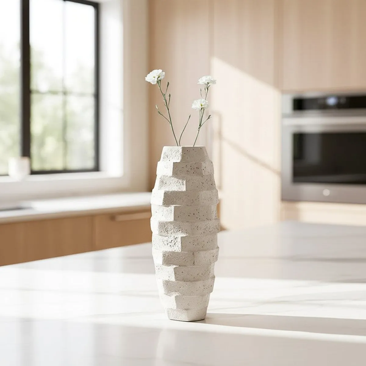 White textured vase with delicate white stems on a bright kitchen counter