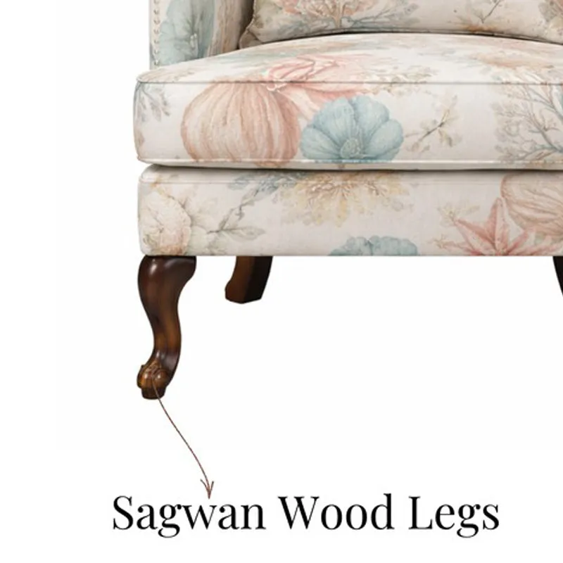 Esten Teak Wood & Velvet Heritage Floral Lounge Chair media 6