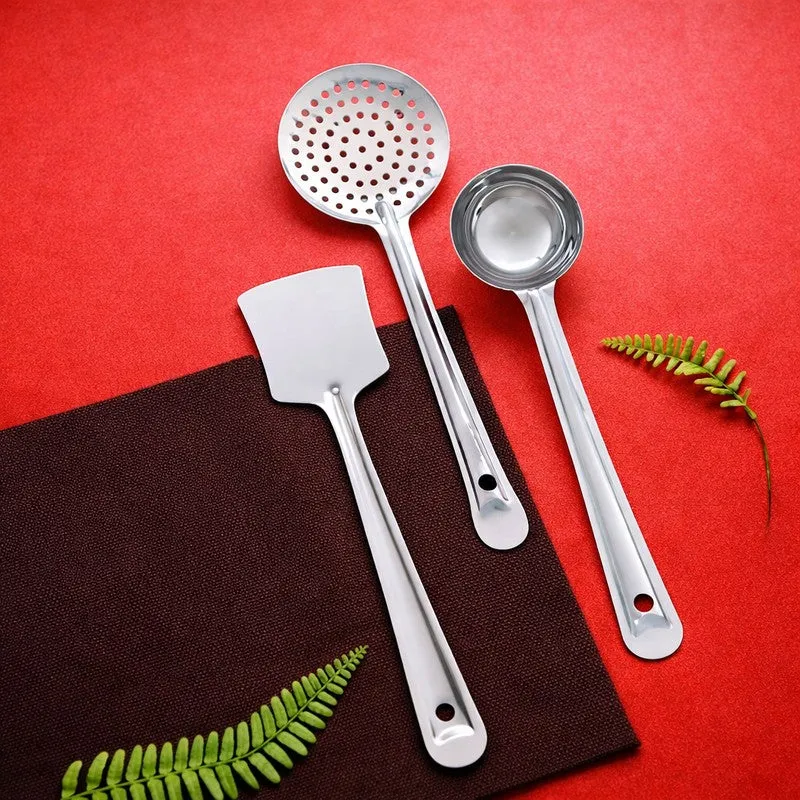 Elegant Silver Stainless Steel Kitchen Utensil - Set Of Three media 1