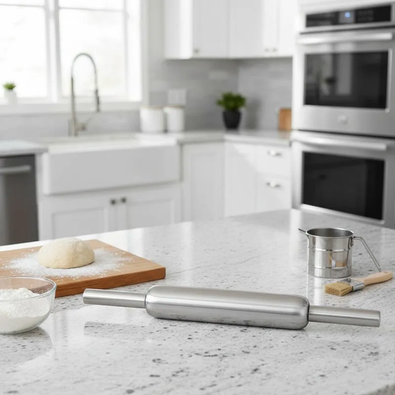 Steel rolling pin on a kitchen countertop near dough and flour