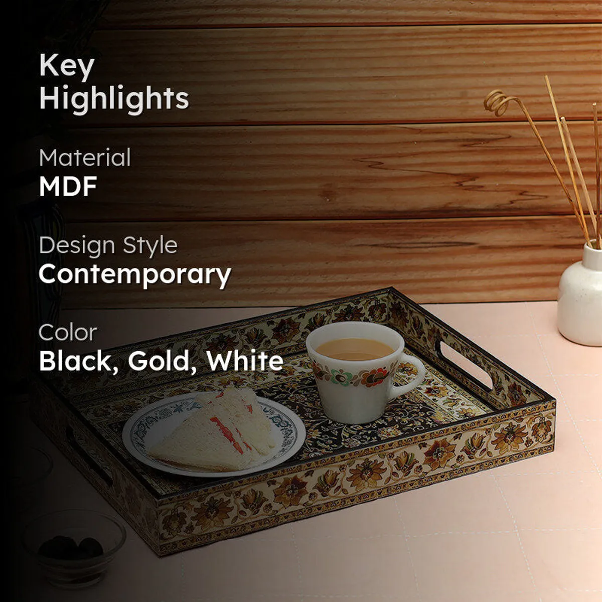 Serving tray styled in a dining setting with material and colour highlights