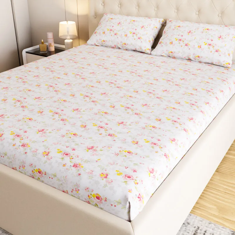 Dewdrop Floral Cotton Bedsheet (Peach) - 180 TC media 1