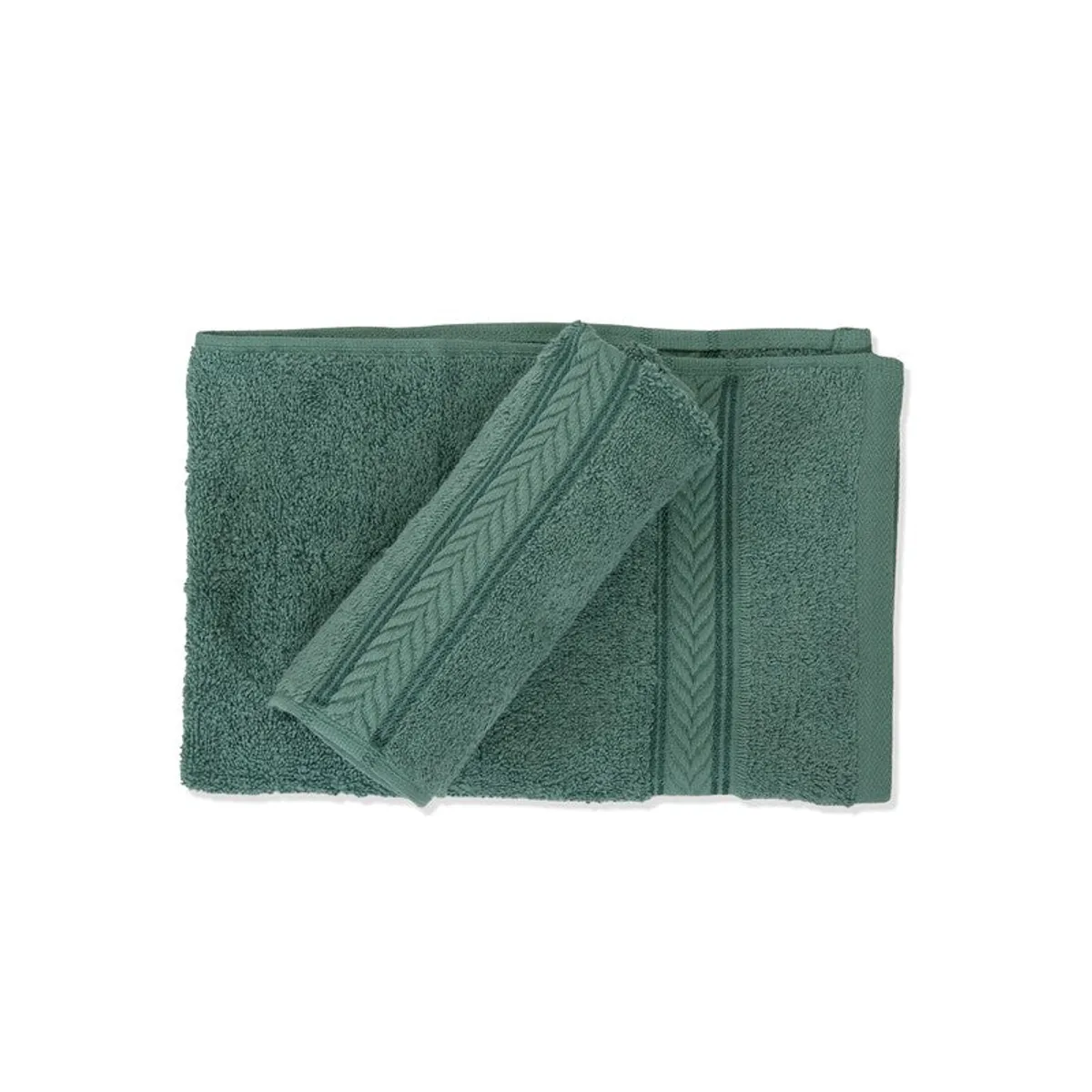 Two green hand towels displayed flat with decorative border bands