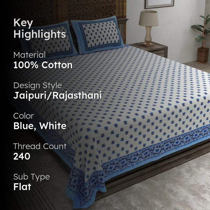 Bloomel Cotton Bedsheet (Blue,White) - 240 TC media 2