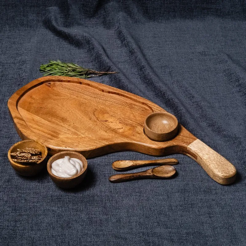 Verdant Leaf Shaped Wood Serving Platter With Dip Bowl - Two Piece Set media 7