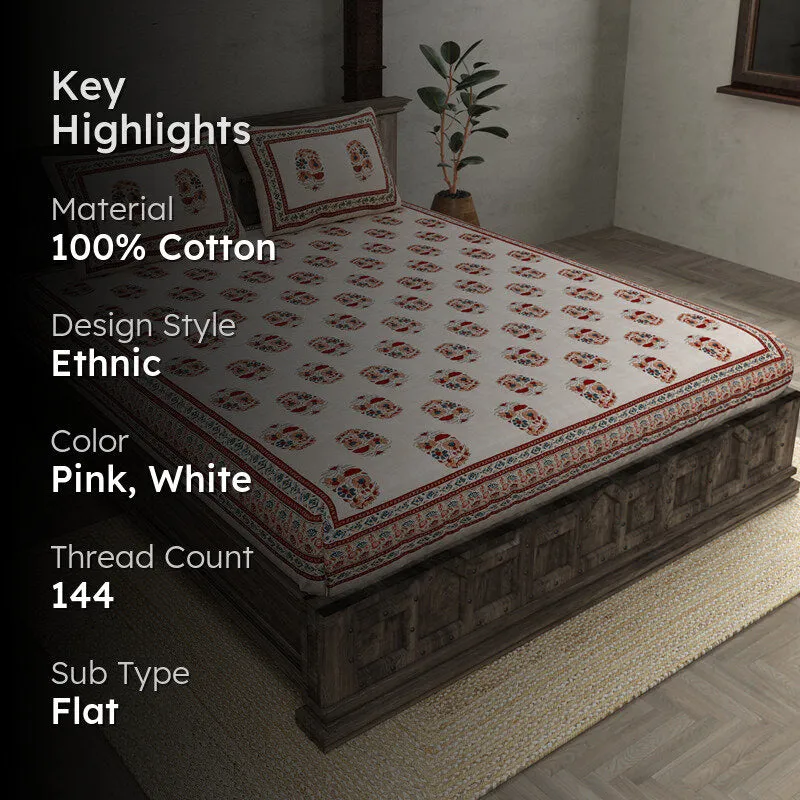 Agriya Ethnic Printed Cotton Bedsheet (Pink) - 144 TC media 2