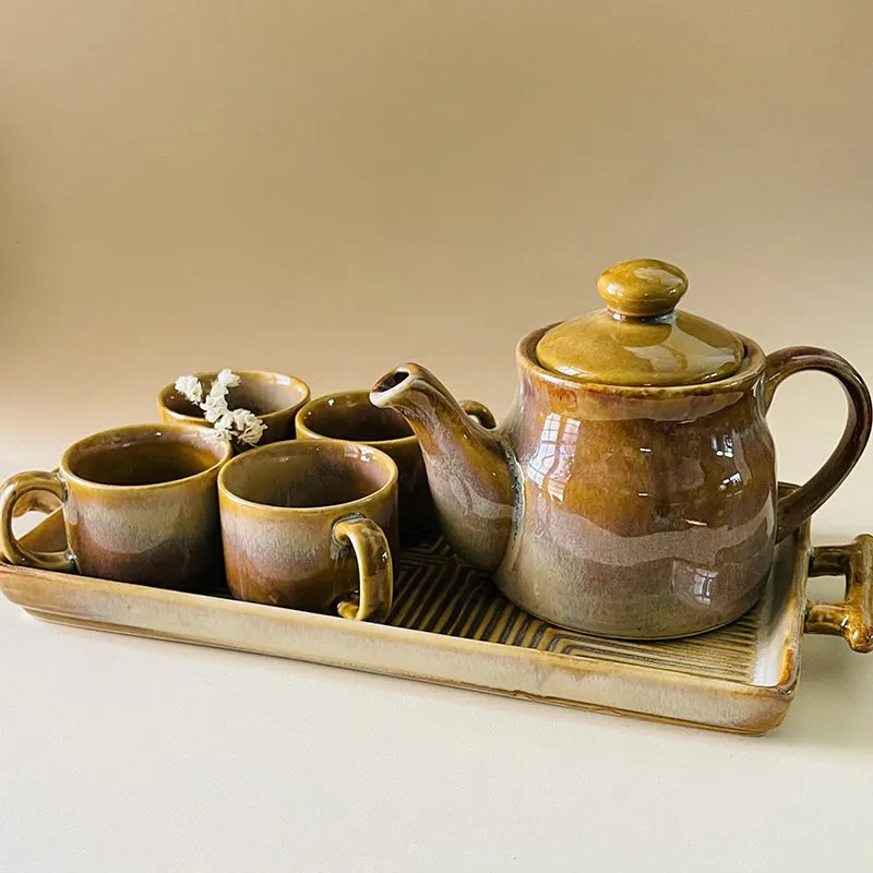 Solace Brew Ceramic Tea Set With Tea Pot & Tray (650 mL/160 mL) - Six Piece Set media 6