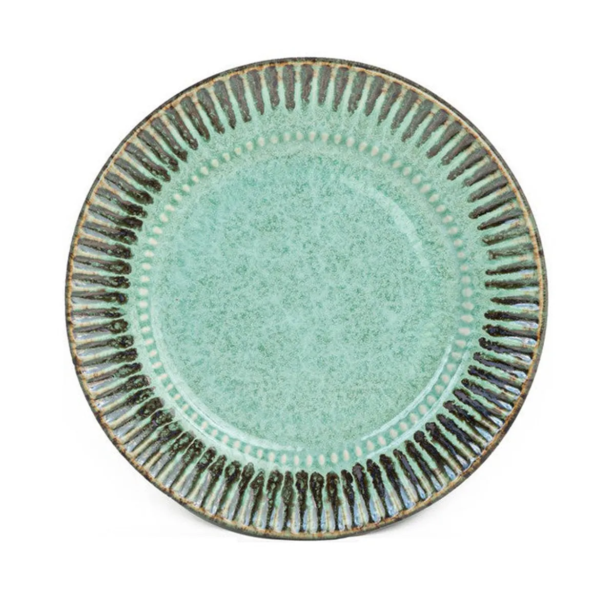 Close-up of the glossy green plate surface and textured rim.