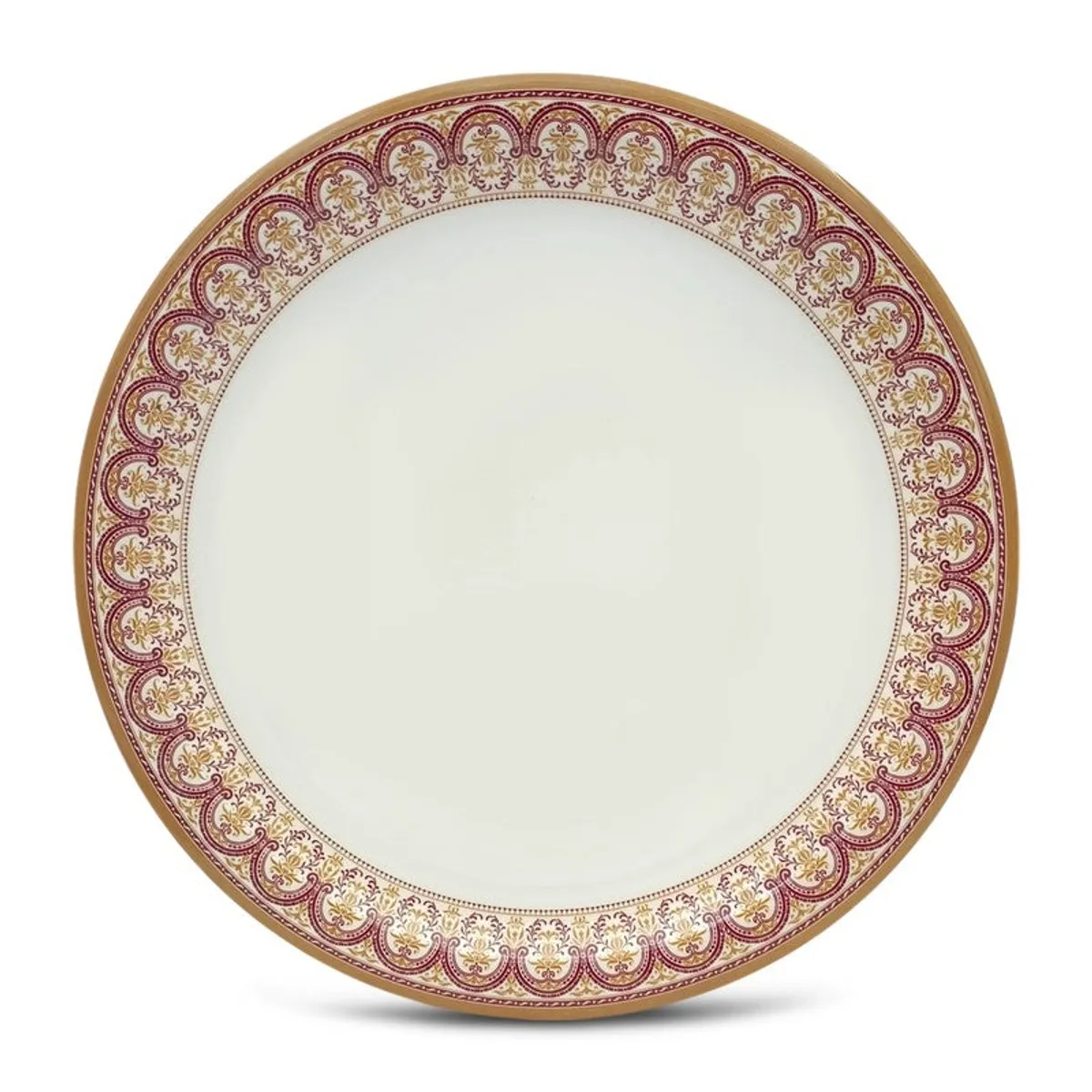 Top view of a white quarter plate with an ornate brown, gold and burgundy border