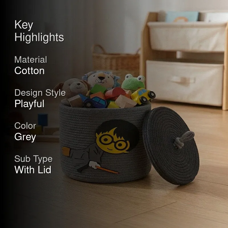 Grey wizard-themed storage basket with lid in a kids room setting
