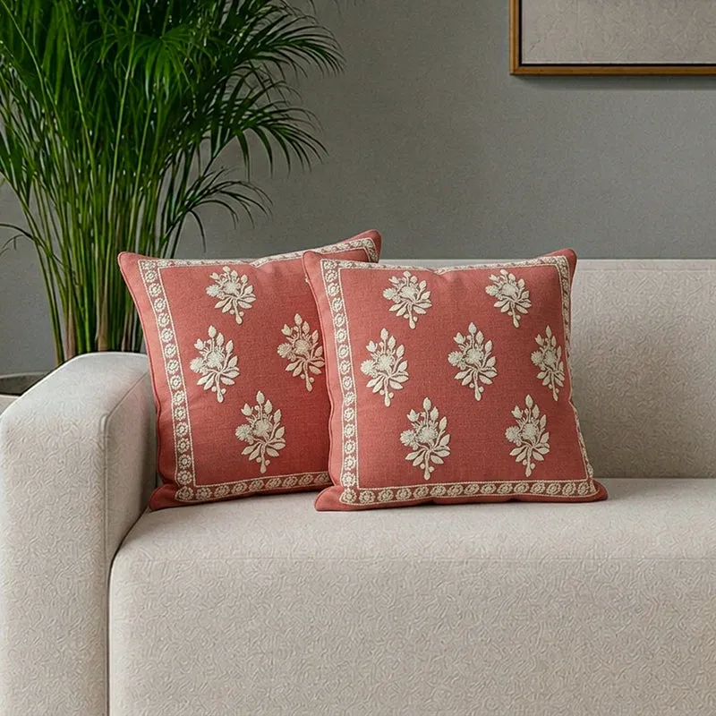 Blossoms Embroidered cushion cover (Red,White) - Set Of Two media 1