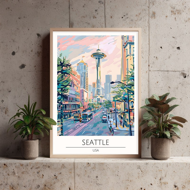 Vintage Seattle Framed Canvas Archival Canvas Wall Painting - Natural Brown Frame media 3