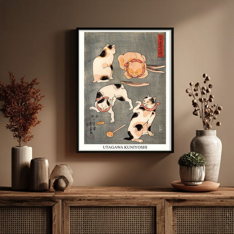 Four Cats In Different Poses Utagawa Kuniyoshi Archival Canvas Wall Painting - Black Frame