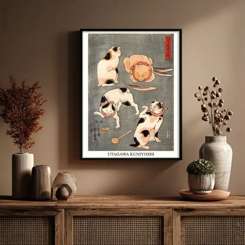 Four Cats In Different Poses Utagawa Kuniyoshi Archival Canvas Wall Painting - Black Frame media 1