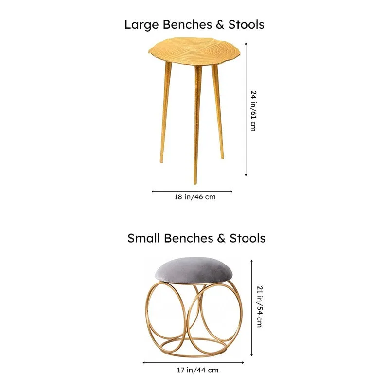 Size reference image showing large and small benches and stools pieces