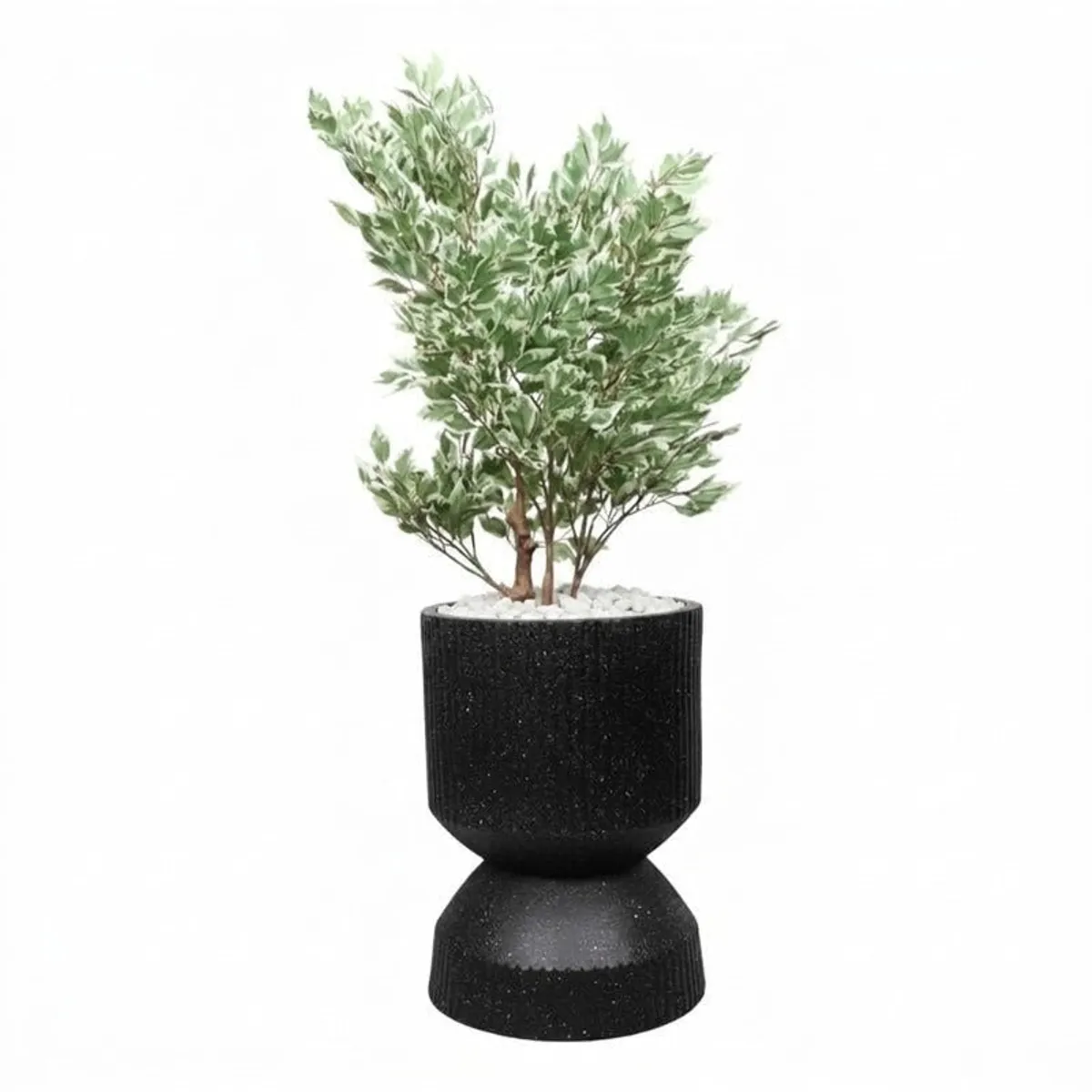 Black floor planter with a leafy plant shown against a white background.