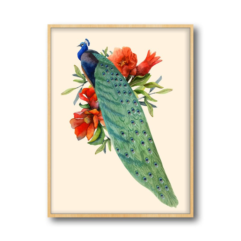 Flowers & Peacock Archival Paper Wall Art  - Natural Brown Frame media 6