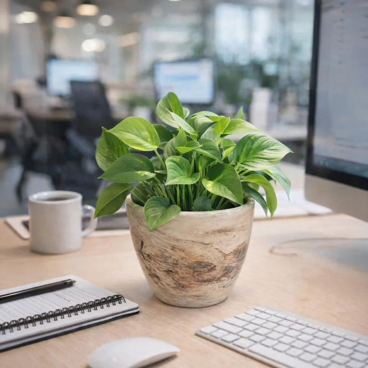 A leafy green plant displayed in an ivory and brown ceramic planter.