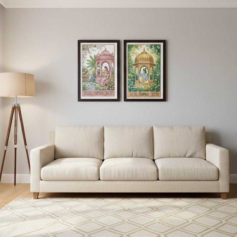 Vintage Pavilion Garden Wall Painting With Frame - Set Of Two