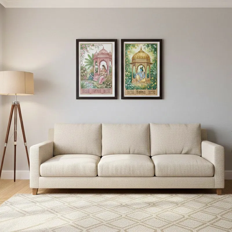 Vintage Pavilion Garden Wall Painting With Frame - Set Of Two media 1