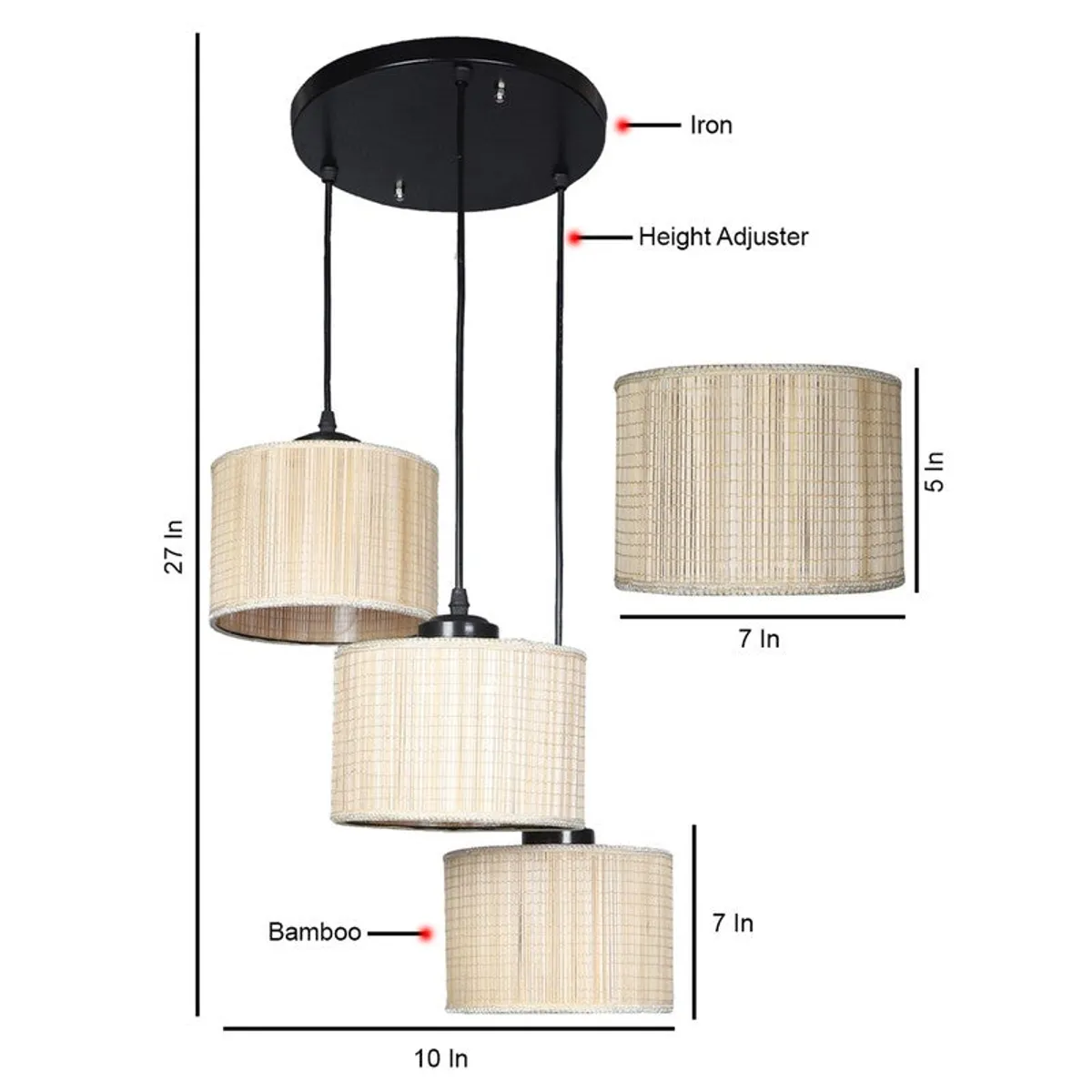 Dimension view of the three-light beige ceiling lamp with cylindrical shades