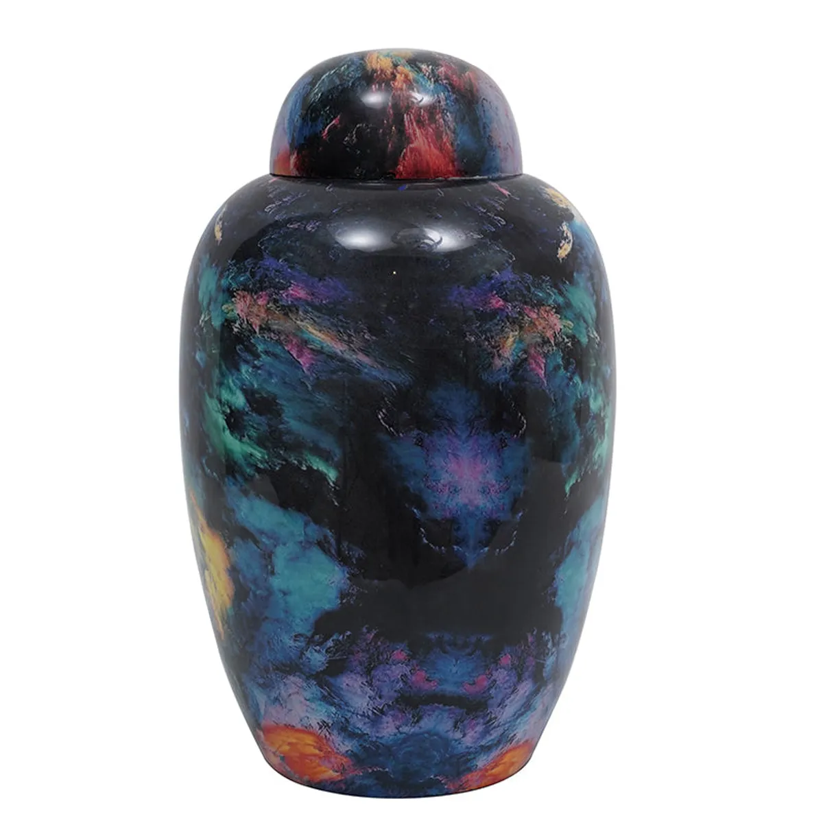 Close view of a blue and multicolour galaxy-finish urn vase