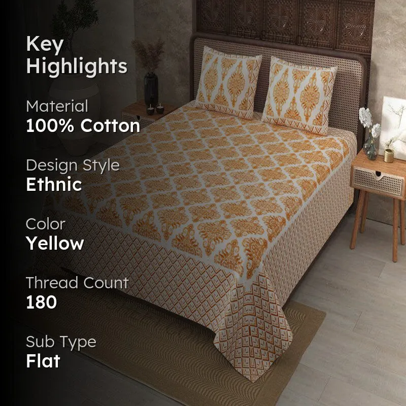 Dhutha Ethnic Cotton Bedsheet (Yellow) - 180 TC media 2