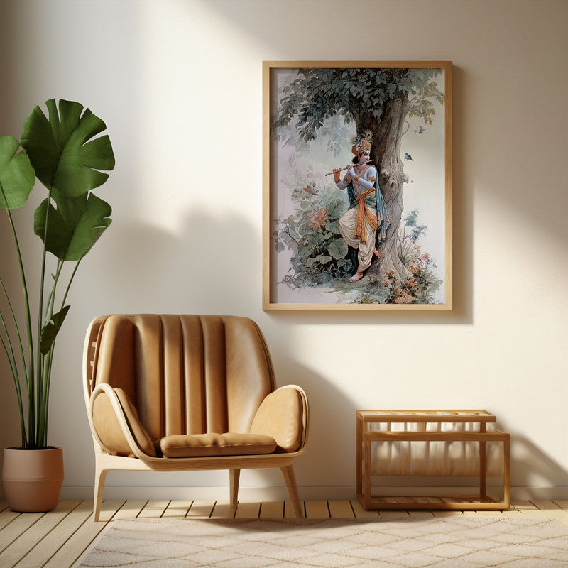 Sri Krishna Fluit Playing Blissful Archival Paper Wall Art - Natural Brown Frame