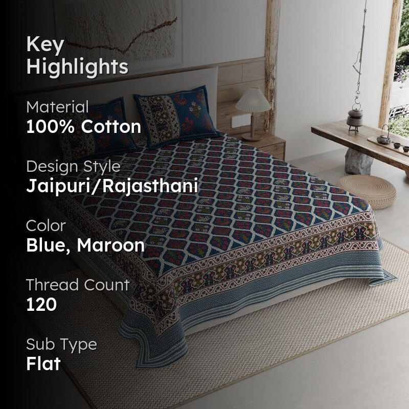 Desert Bloom Cotton Bedsheet (Blue,Maroon) - 120 TC media 2
