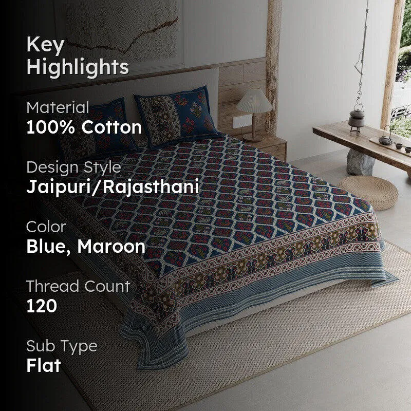 Desert Bloom Cotton Bedsheet (Blue,Maroon) - 120 TC media 2