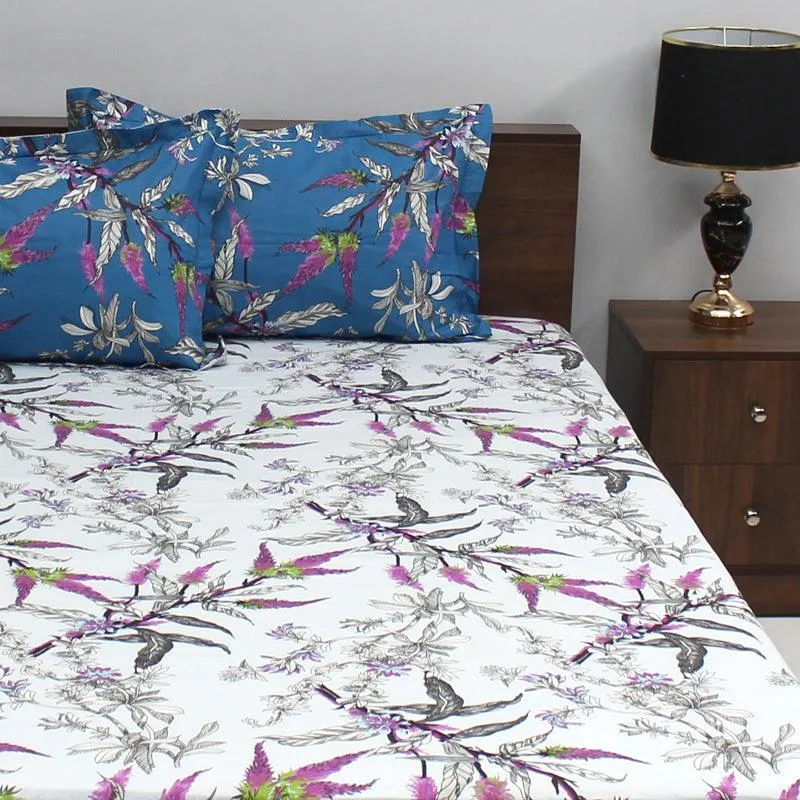 Waida Floral Cotton Bedsheet (Blue,Purple) - 110 TC media 1