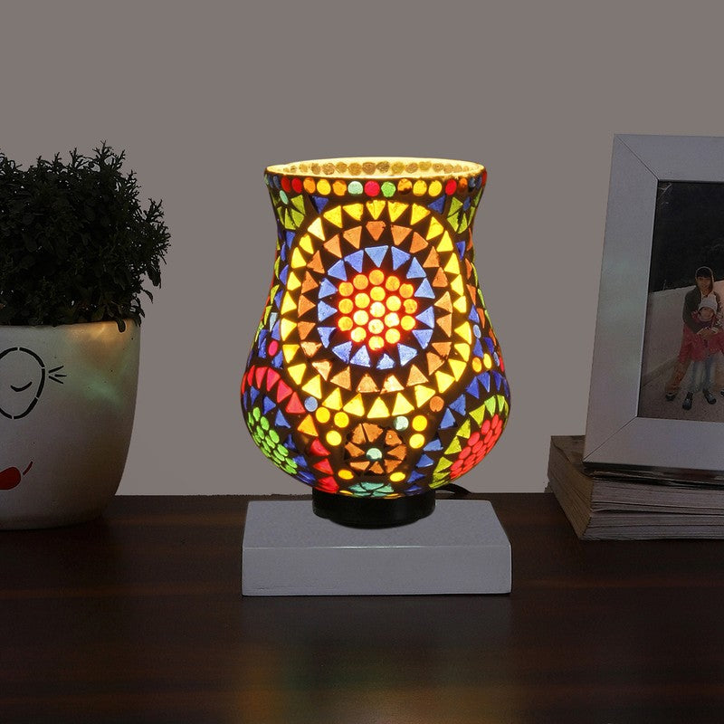 Glorite Mosaic Glass Table Lamp With Wooden Base - Multicolor