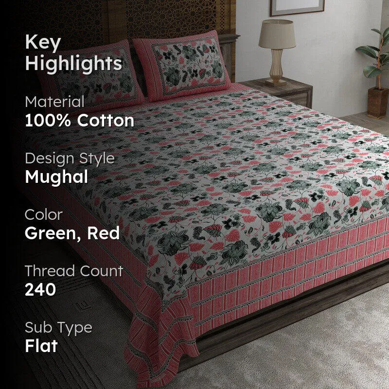 Softus Cotton Bedsheet (Green,Red) - 240 TC media 2