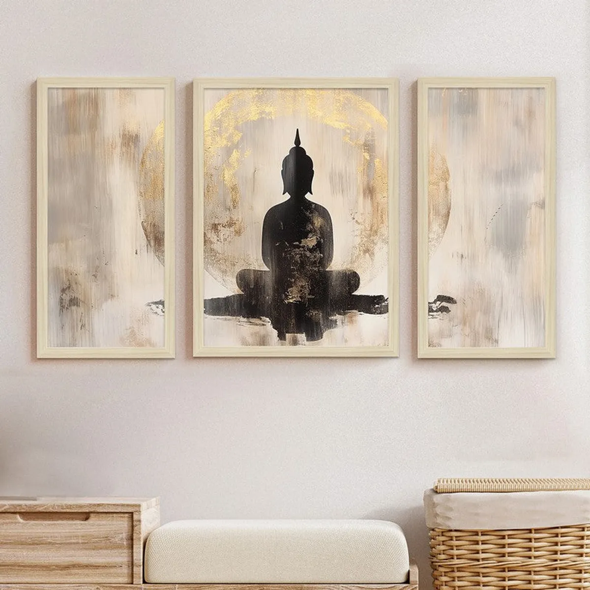 Three framed Buddha wall art pieces displayed above a bench and basket.