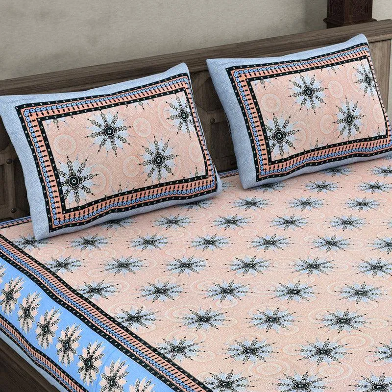 Taara Ethnic Printed Cotton Bedsheet (Peach,Blue) - 160 TC media 3