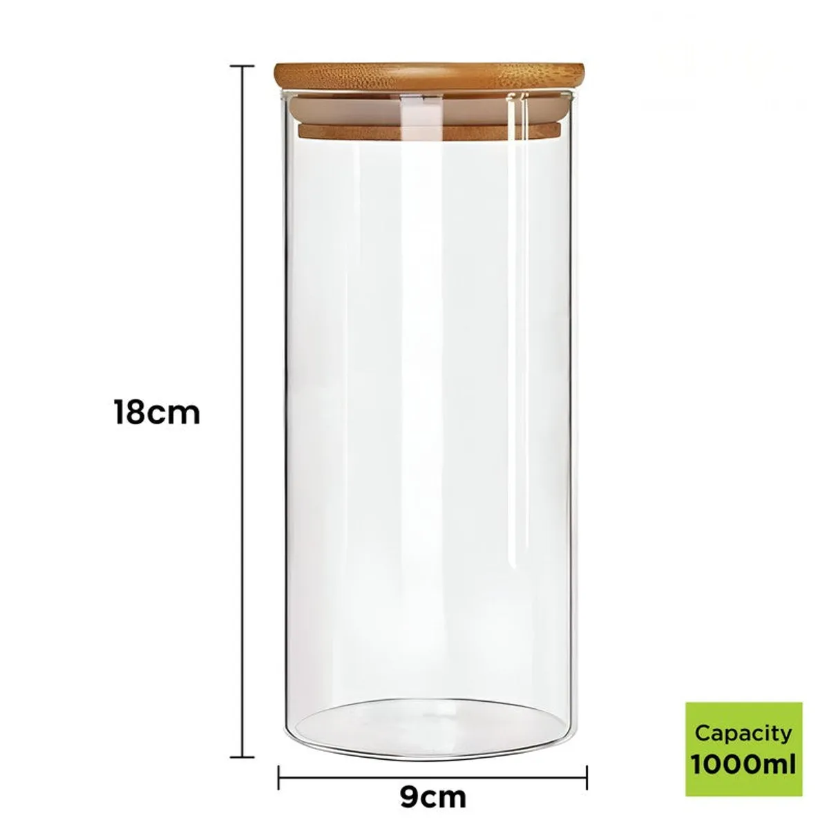 Single clear glass jar with bamboo lid shown with length, breadth and capacity callouts.