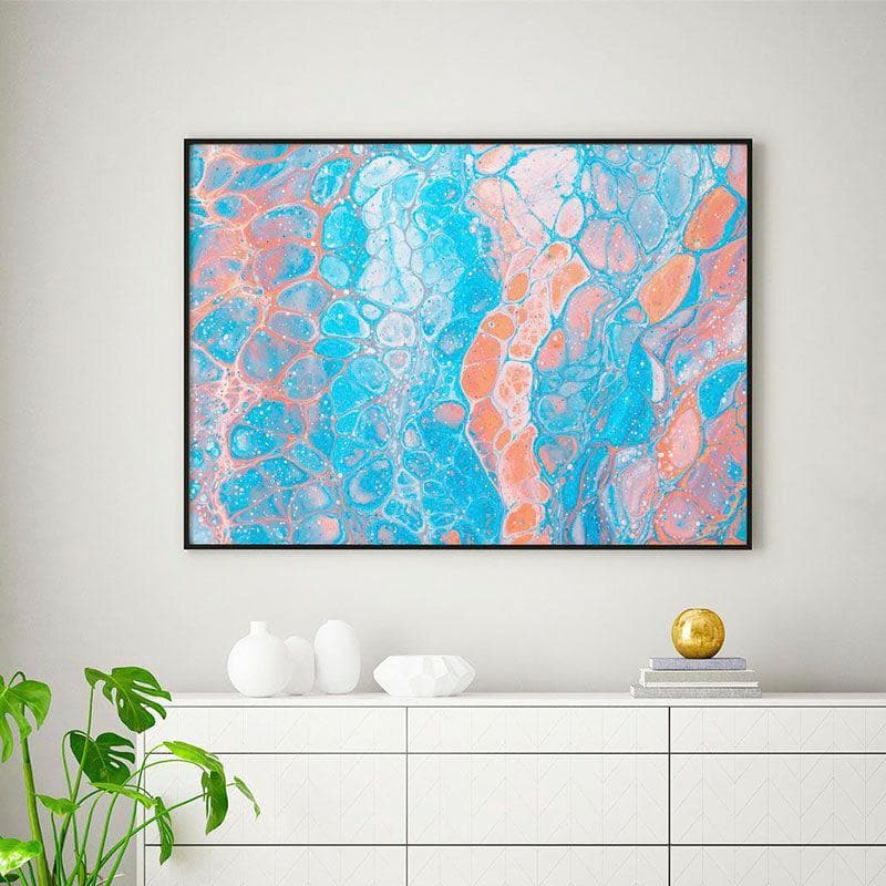 Lagoon Blue Abstract Canvas Painting - Black Frame