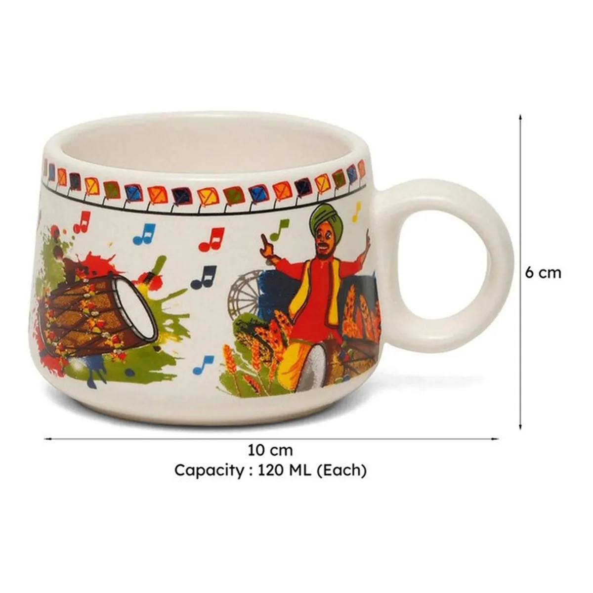 Close-up side view of a colourful illustrated tea cup with a rounded handle